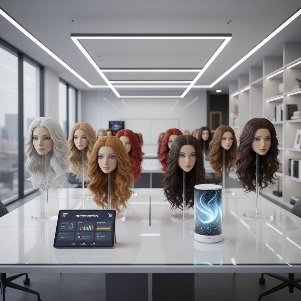 An open-plan room with a long glossy white desk and woman's wigs on stands. White ceiling with recessed dropdown lighting ...