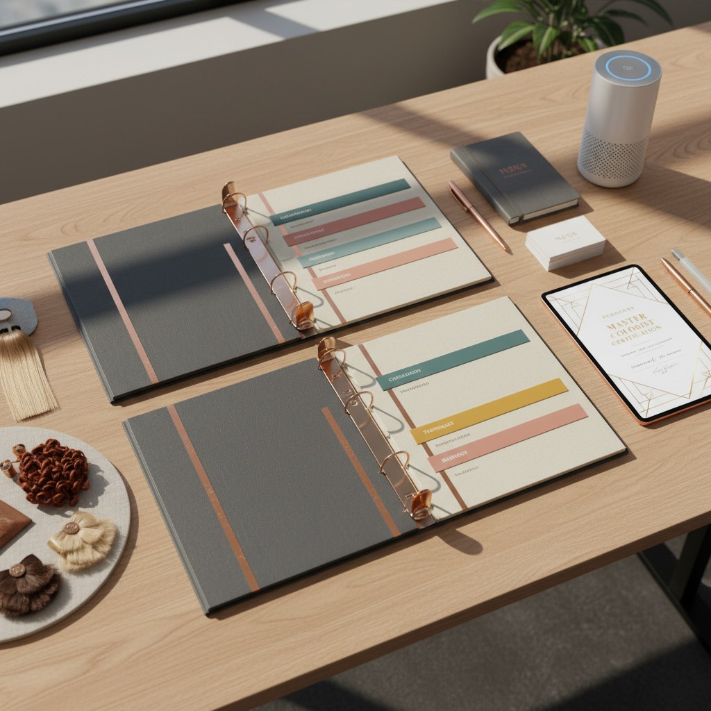 An office desk with binders, notebook, tablet, and decorative items.