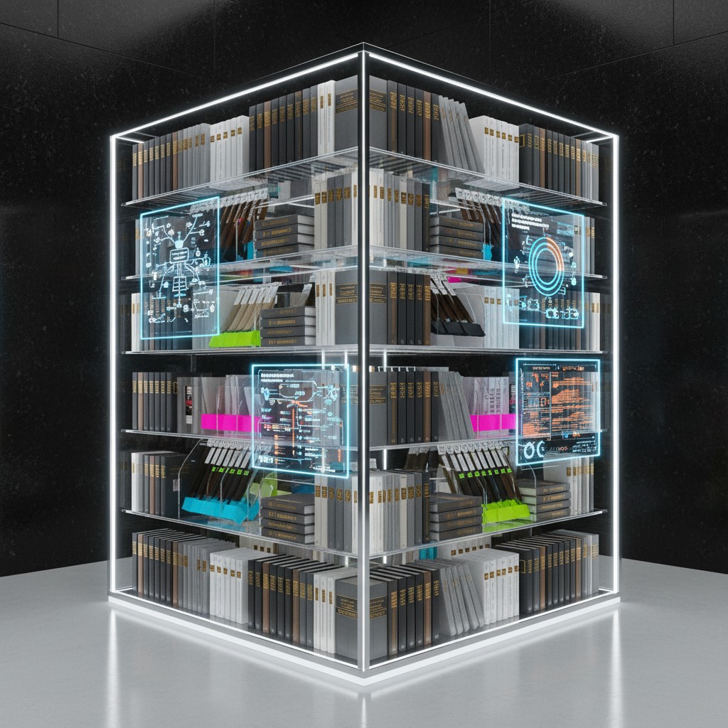 An intricate 3D rendering of a glowing glass cabinet filled with books and technology-inspired graphics.