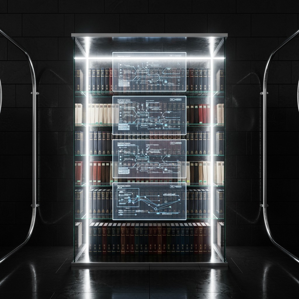 • A futuristic library with a sleek glass wall and ambient white lighting. • A row of bookshelves with geometric text over...