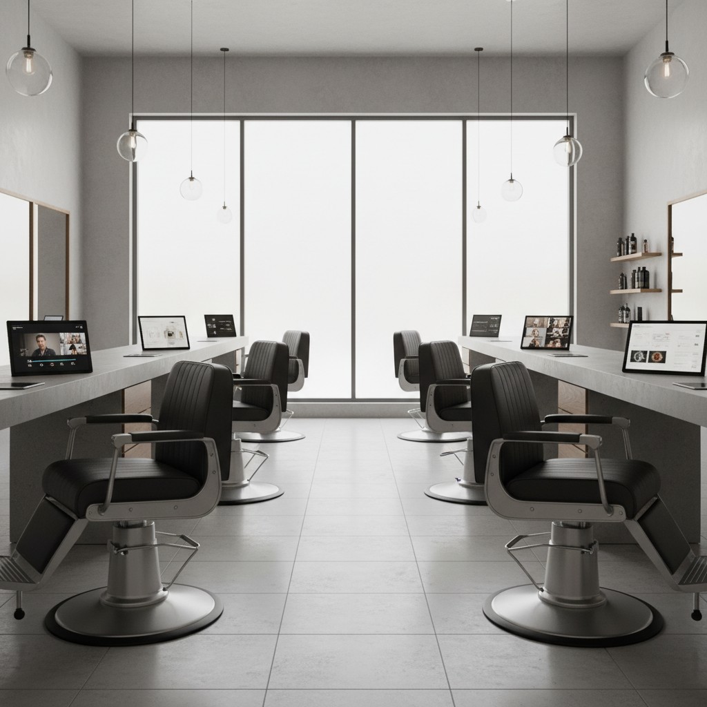 Modern salon or barber shop interior with gray furniture, small computer monitors, light fixtures, large glass windows, wh...